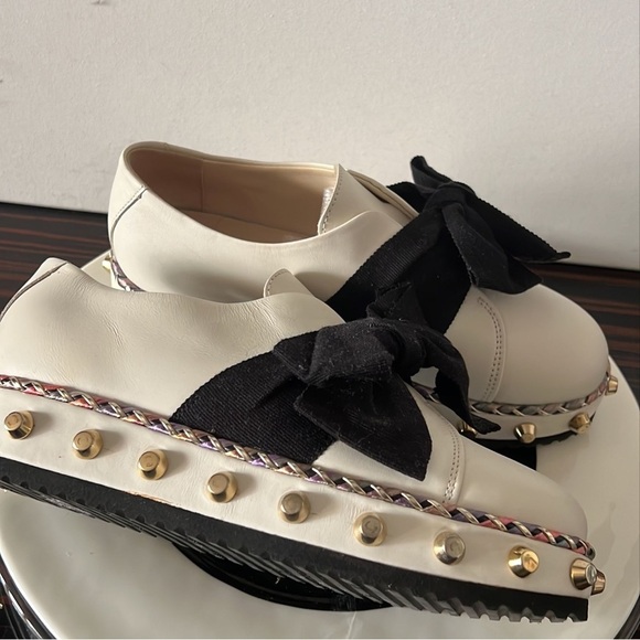 MADE IN ITALY AGLWhite Flats with Black Bow and  Platform Sole - Picture 2 of 5
